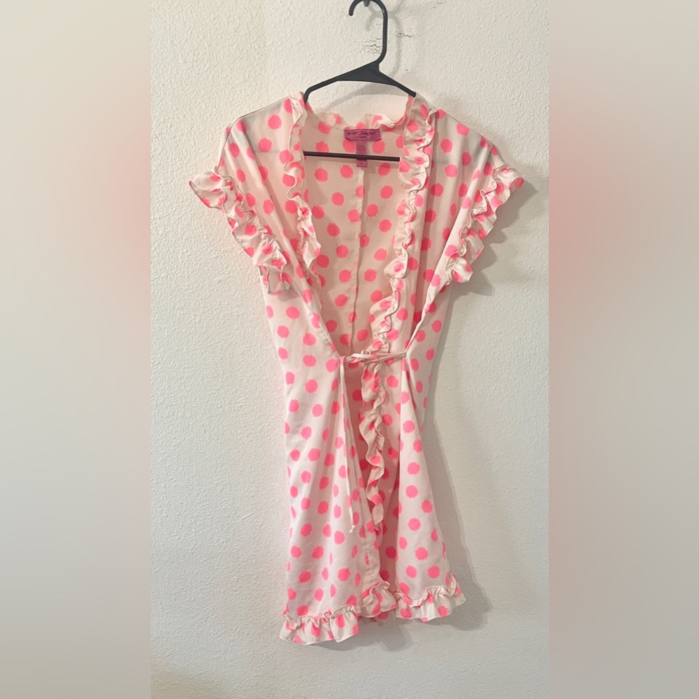 Betsy Johnson Intimates Y2K Ditsy Polka Dot Ruffle Robe | Ivory & Pink |  Medium - Picture 2 of 4